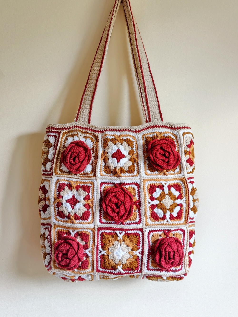 Handmade Crochet Tote Bag, 3D Floral Shoulder Bag, Boho Purse